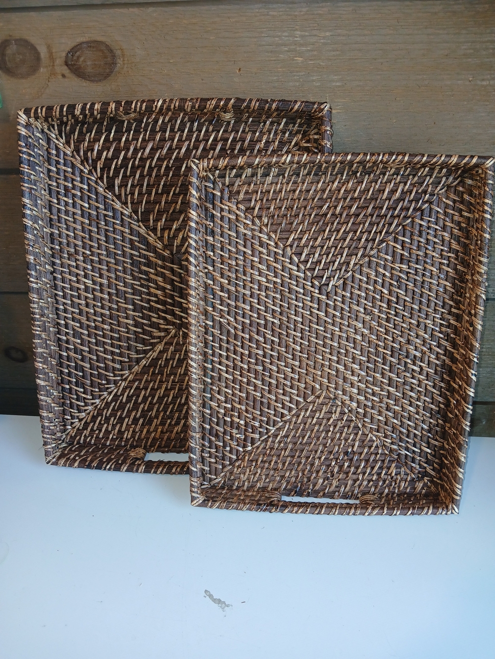 Set of Rectangular Wicker Serving Tray with Handles Woven Great Condition